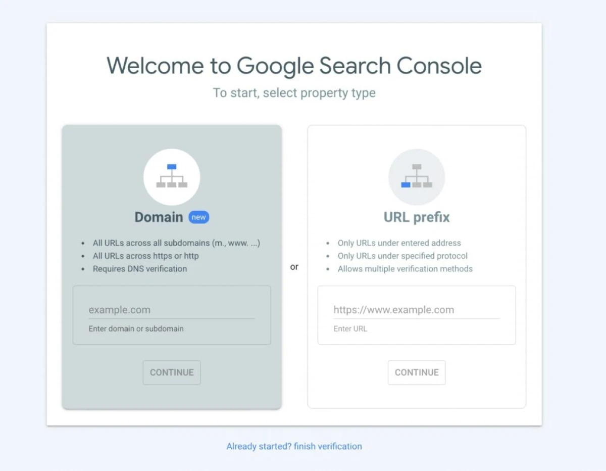 Google Search Console: A Complete Beginner'S Guide 56 Screenshot Of The &Quot;Welcome To Google Search Console&Quot; With Two Property Set Up Types: &Quot;Domain&Quot; And &Quot;Url Prefix&Quot;