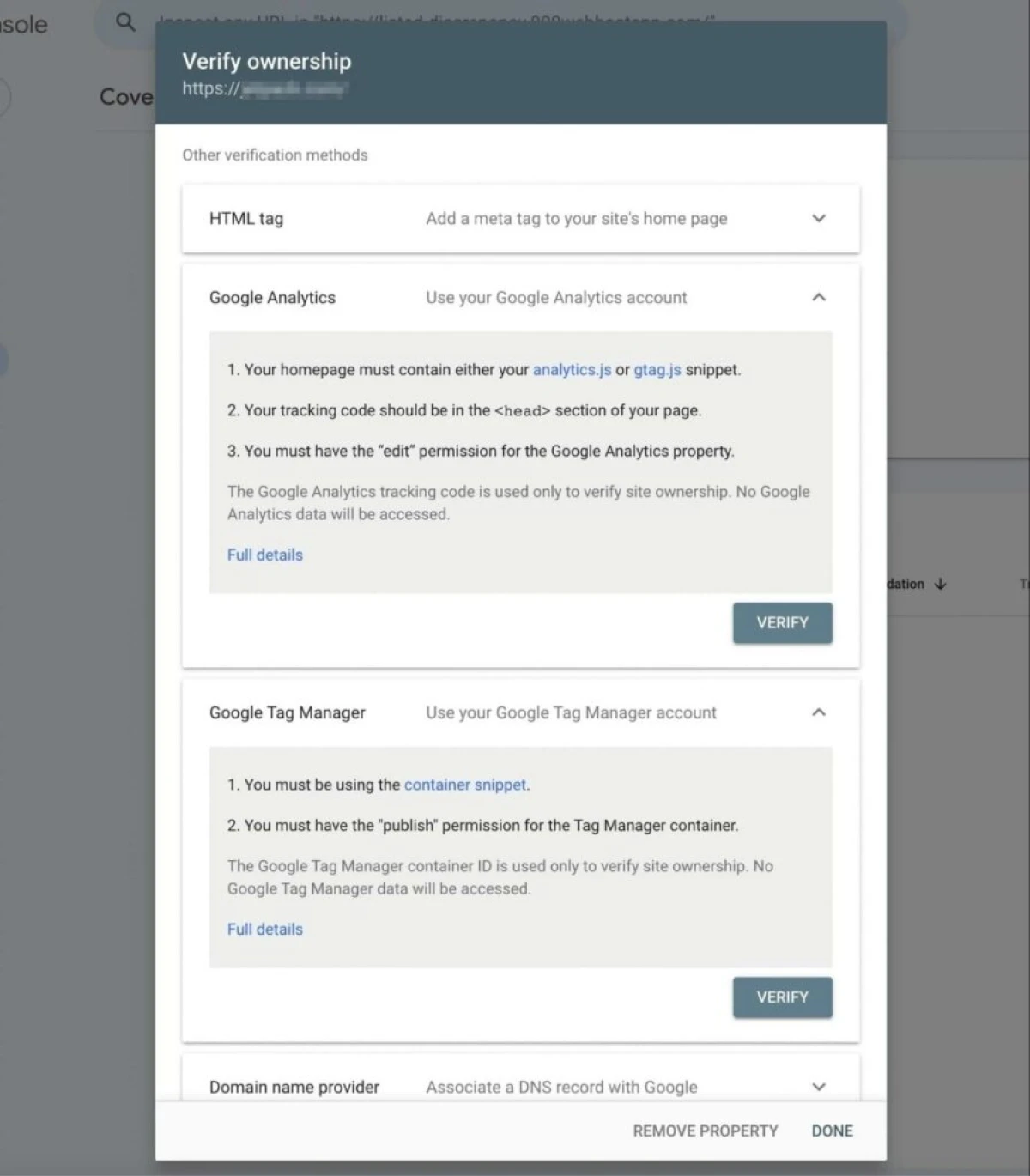 Google Search Console: A Complete Beginner'S Guide 57 Screenshot Of The &Quot;Verify Ownership&Quot; Set Up Page With Verification Options Including: Html Tag, Google Analytics, Google Tag Manager, And Domain Name Provider.