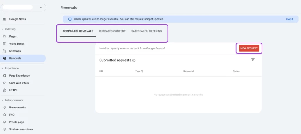 Google Search Console: A Complete Beginner'S Guide 73 Screenshot Of The &Quot;Removals&Quot; Tab In Gsc With Attention To The &Quot;Temporary Removals&Quot; Tab And The &Quot;New Request&Quot; Button In Red On The Right.