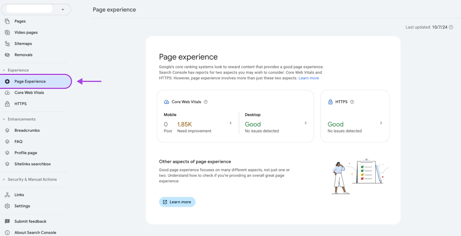 Google Search Console: A Complete Beginner'S Guide 75 Screenshot Of Gsc On The &Quot;Page Experience&Quot; Tab