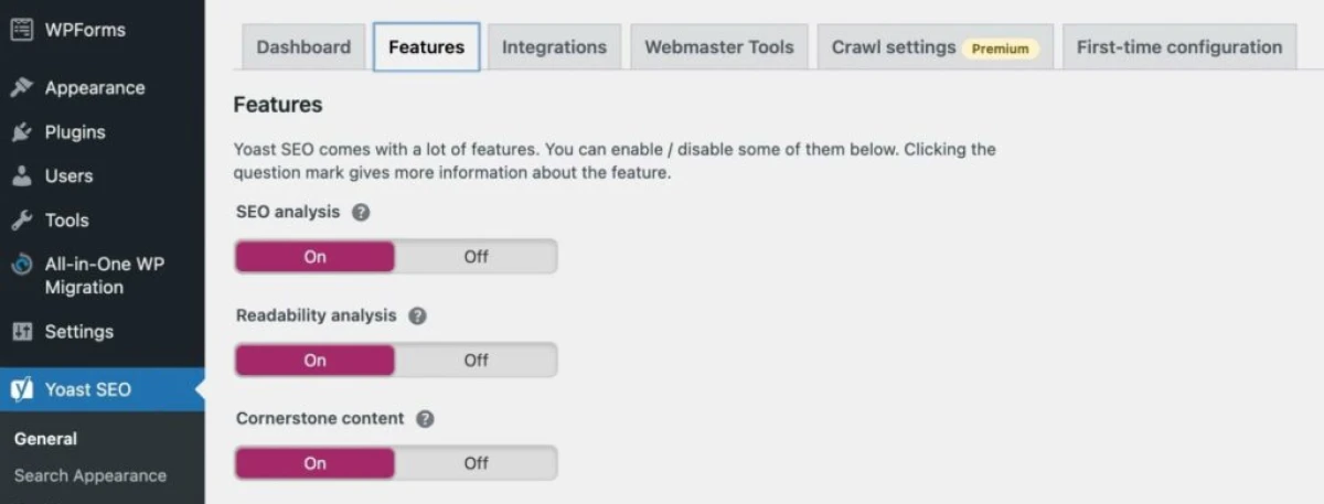 Google Search Console: A Complete Beginner'S Guide 68 Wordpress Screenshot With &Quot;Yoast Seo&Quot; Selected On The Nav, Right Screen Shows The Plugin Options Calling Attention To The Features Tab.