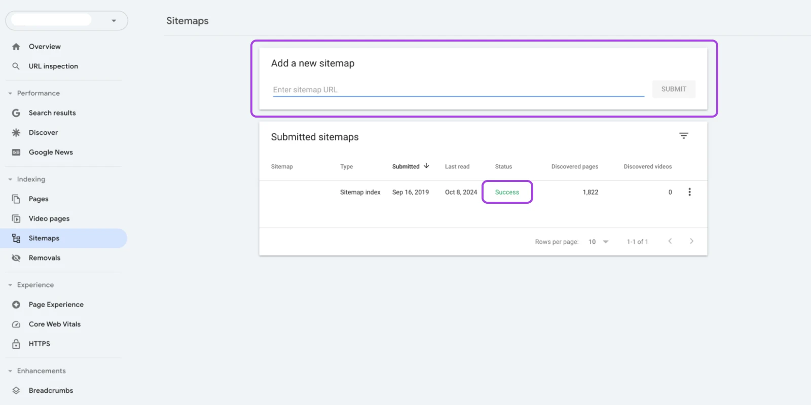 Google Search Console: A Complete Beginner'S Guide 72 Screenshot Of Sitemaps Tab In Gsc With Attention To The &Quot;Add A New Sitemap&Quot; Input And The Subsequent &Quot;Success&Quot; Status Shown Once Submitted.