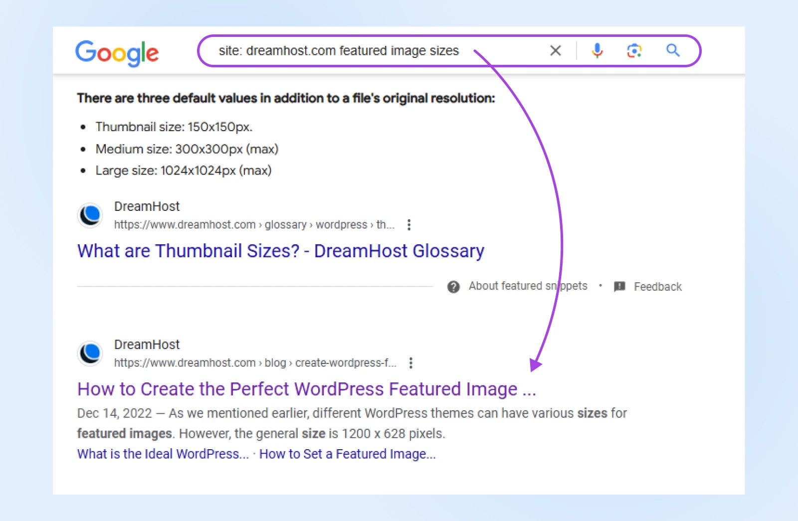 6 Ways To Fix The 400 Bad Request Error 30 Search Bar With Operator &Quot;Site: Dreamhost.com Featured Image Size&Quot; Pointing Down To The First Result: A Dreamhost Blog Post Titled &Quot;How To Create The Perfect Wordpress Featured Image&Quot;