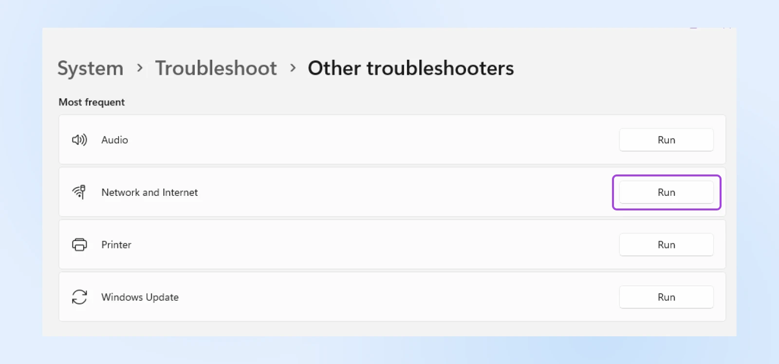 6 Ways To Fix The 400 Bad Request Error 35 Other Troubleshooters Menu Showing Options For &Quot;Audio,&Quot; &Quot;Network And Internet&Quot; With Attention To The &Quot;Run&Quot; Button To The Right Of It, As Well As &Quot;Printer&Quot; And &Quot;Windows Update&Quot;