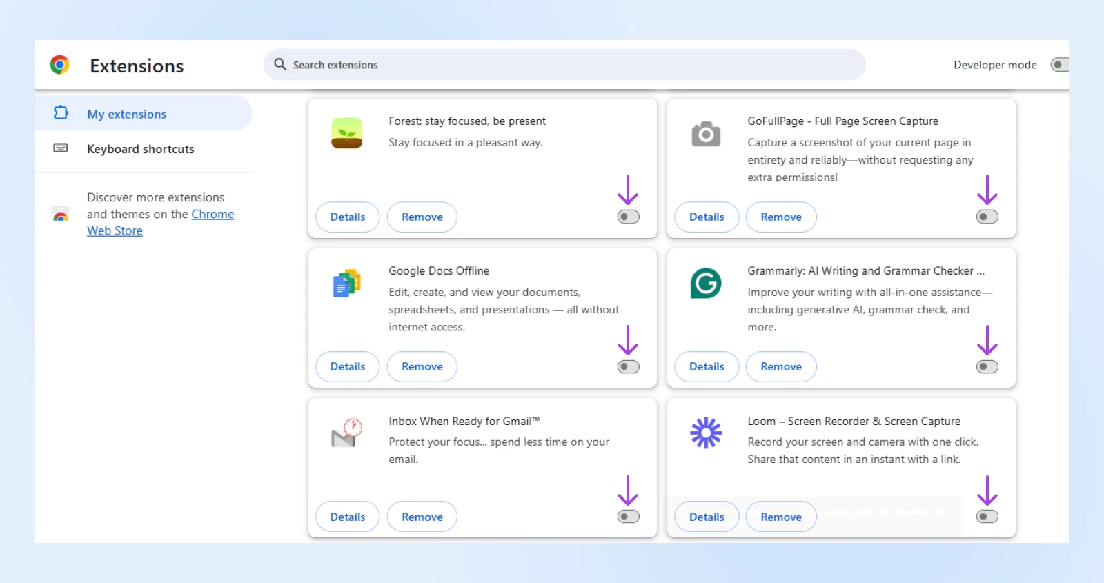6 Ways To Fix The 400 Bad Request Error 32 Chrome &Quot;Manage Extensions&Quot; View Showing Each Extension Title, With Options To Click &Quot;Details&Quot; And &Quot;Remove&Quot; With Special Attention Draw To The Toggle Turned Off To Disable Extension.
