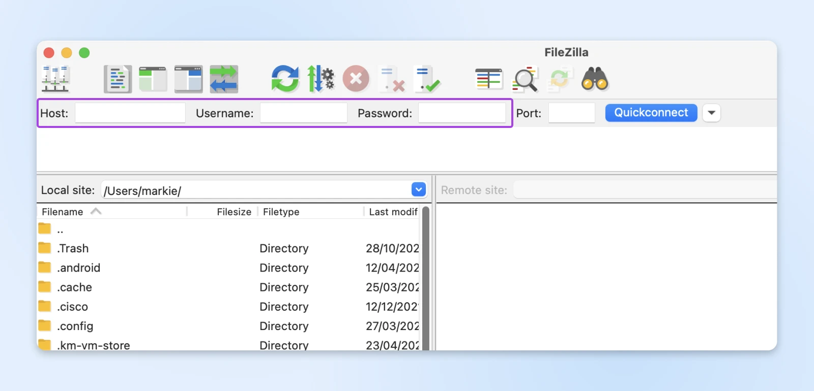 How To Fix The 503 Service Unavailable Error In Wordpress 18 Screenshot Of Filezilla Screen Bringing Attention To The &Quot;Host, Username, Password&Quot; Fields At The Top