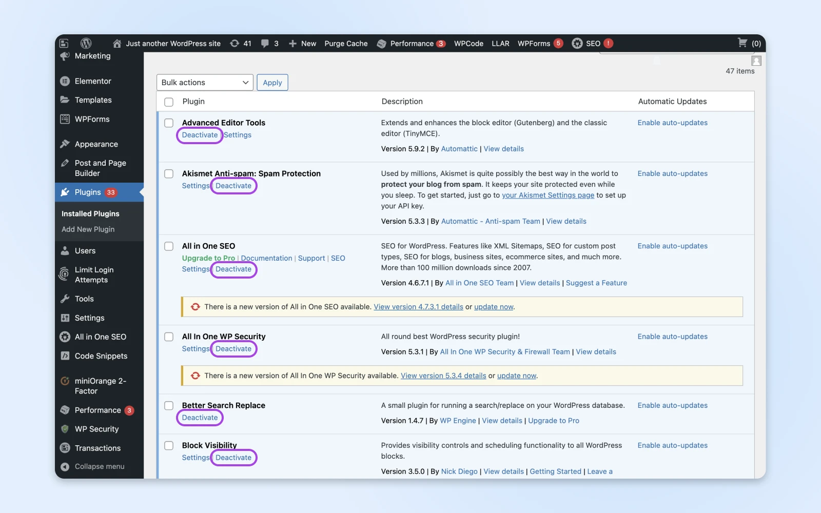 How To Fix The 503 Service Unavailable Error In Wordpress 16 Screenshot Of Plugin Settings Page Listing Individual Wp Plugins With The &Quot;Deactivate&Quot; Option Circled On Each