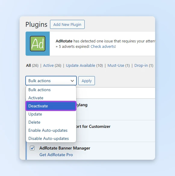 How To Fix The 503 Service Unavailable Error In Wordpress 17 Close Up Of The Top Of The Plugins Setting With The &Quot;Bulk Actions&Quot; Drop-Down Selected To &Quot;Deactivate&Quot;
