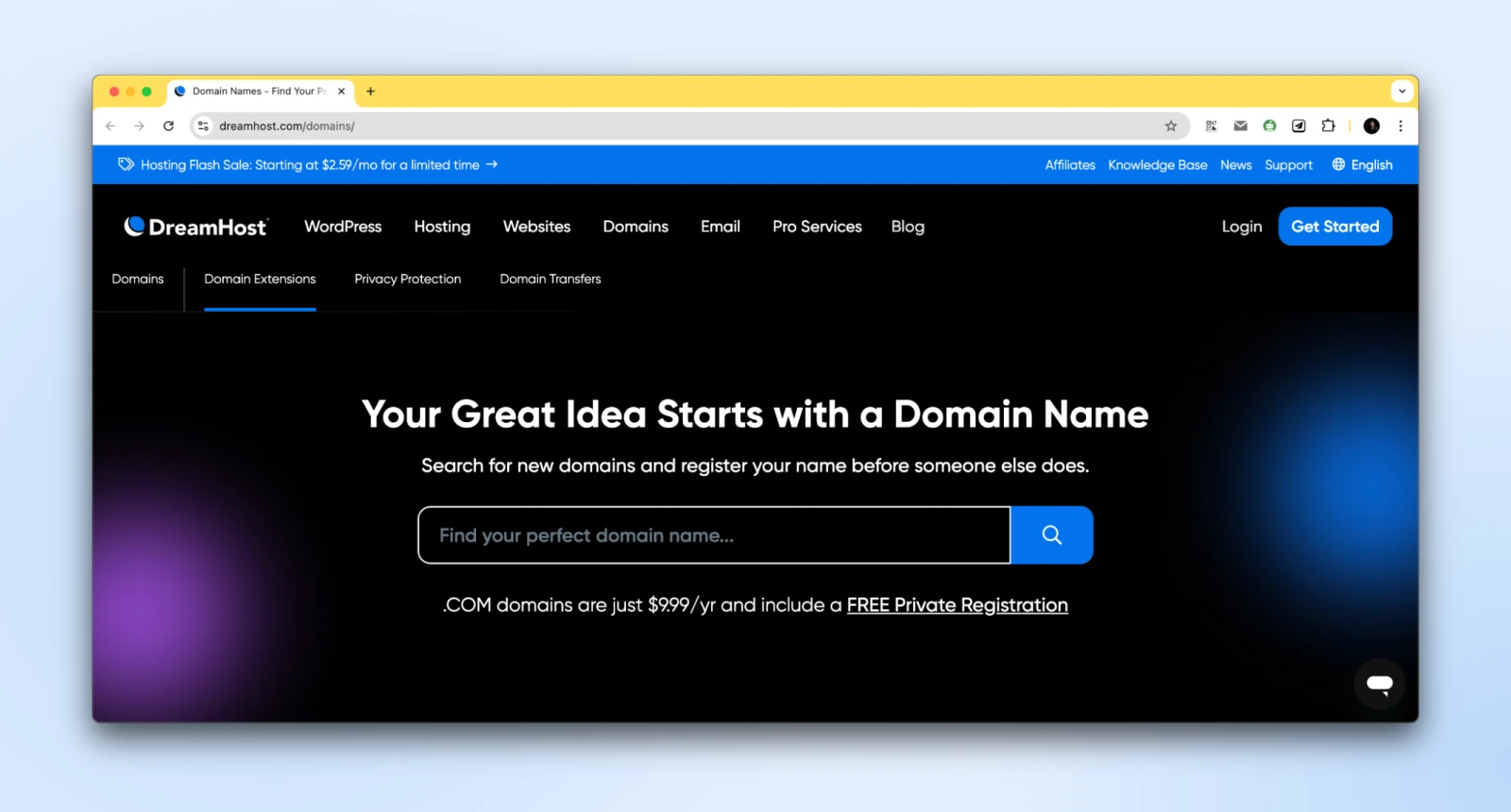 Choose The Perfect Domain Extension 18 Screenshot Of The Domain Name Search Bar With Direction &Quot;Find Your Perfect Domain Name...&Quot; In The Empty Search Bar