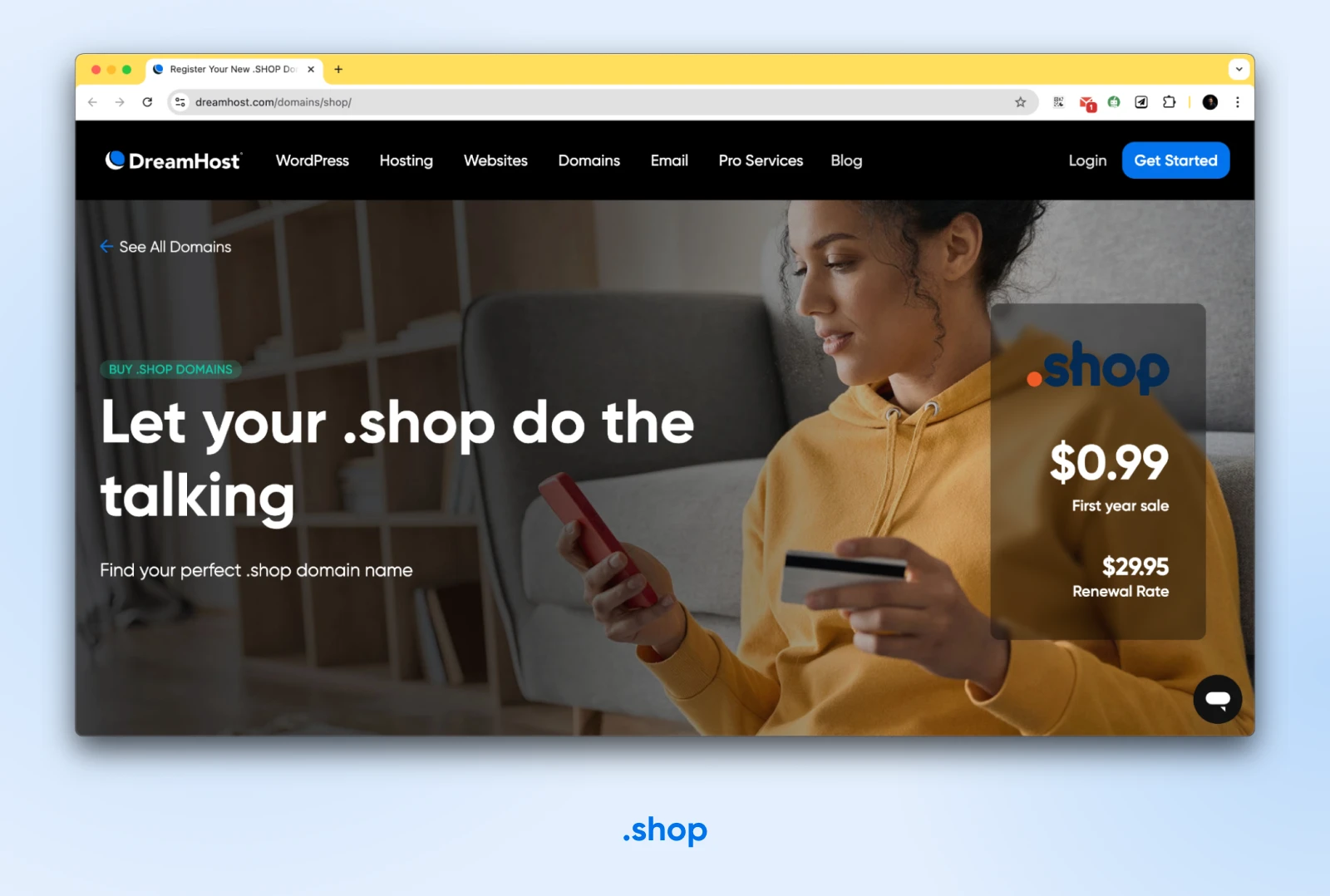 Choose The Perfect Domain Extension 14 Dreamhost Screenshot Heading &Quot;Let Your Shop Do The Talking; Find Your Perfect .Shop Domain Name&Quot;