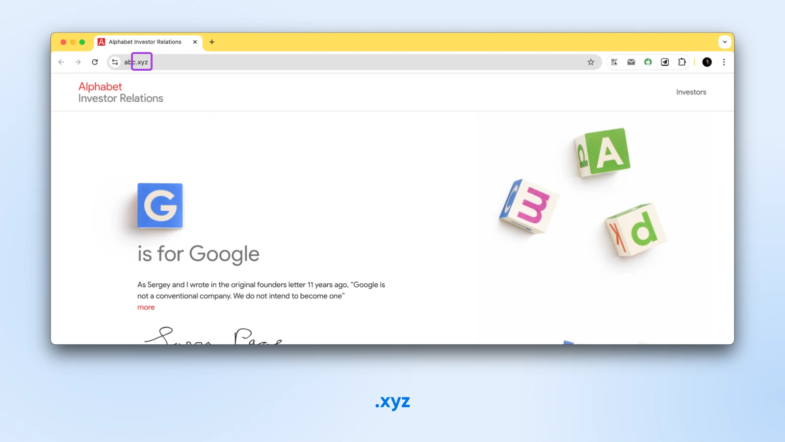 Choose The Perfect Domain Extension 16 Screenshot Of Abc.xyz With .Xyz Boxed. Heading G Is For Google.