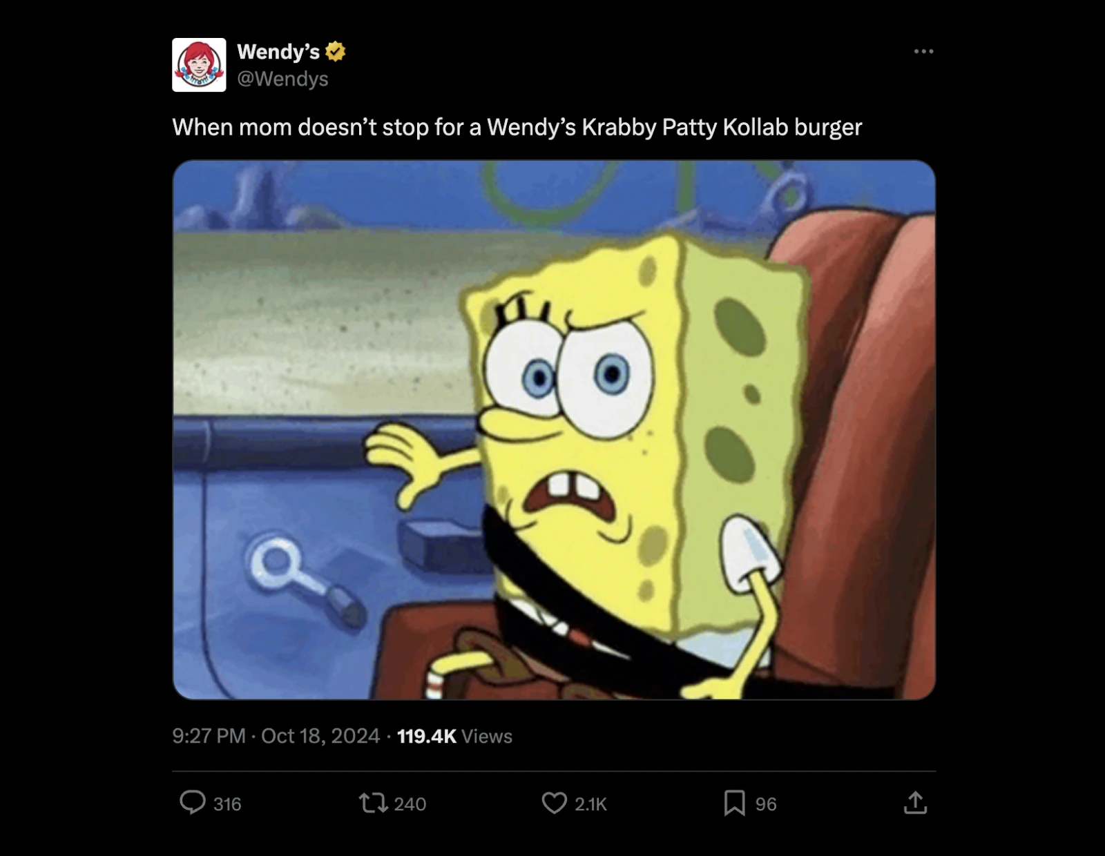 How To Create A Winning Social Media Strategy 2 Twitter Post From Wendy'S &Quot;When Mom Doesn'T Stop For A Wendy'S Krabby Patty Kollab Burder&Quot; With An Image Of Spongebob Squarepants With A Raised Eyebrow