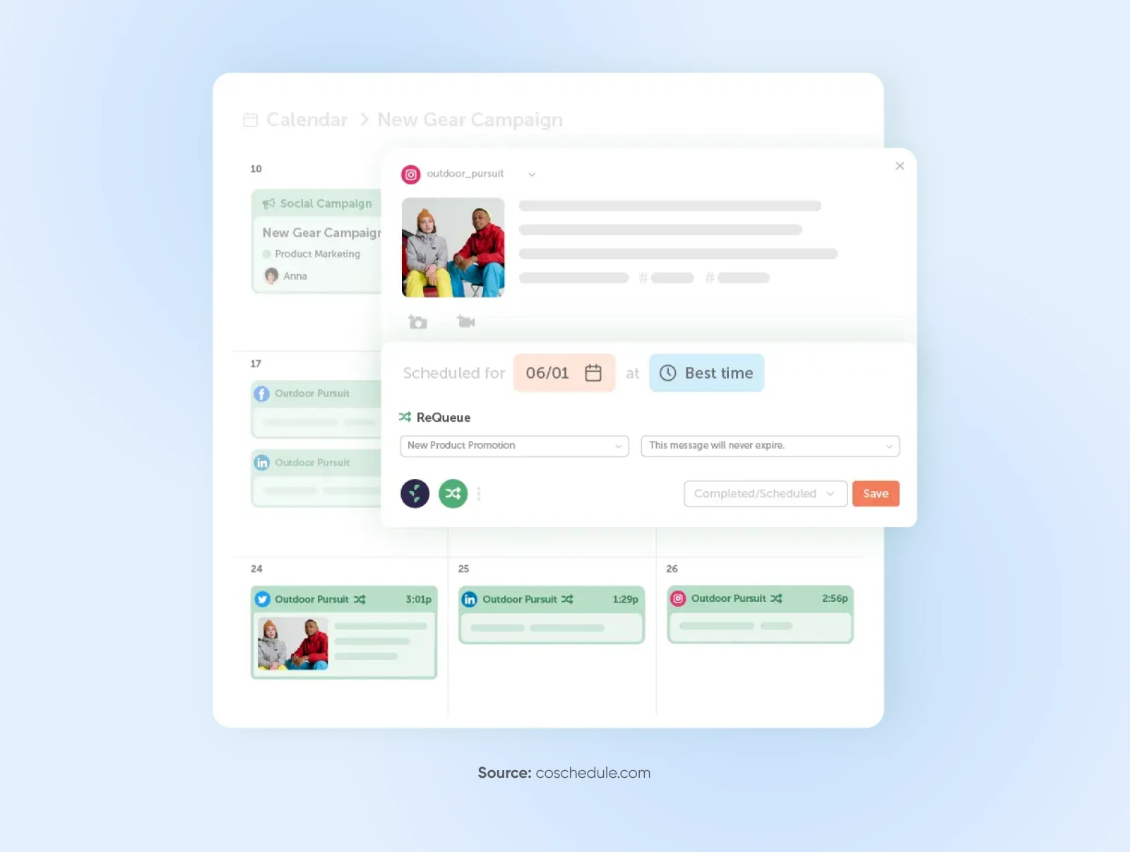How To Create A Winning Social Media Strategy 5 Coschedule Platform Screenshot Of The Social Media Calendar With An Active Scheduled Post Pulled Out Showing The Date Scheduled At &Quot;Best Time&Quot;
