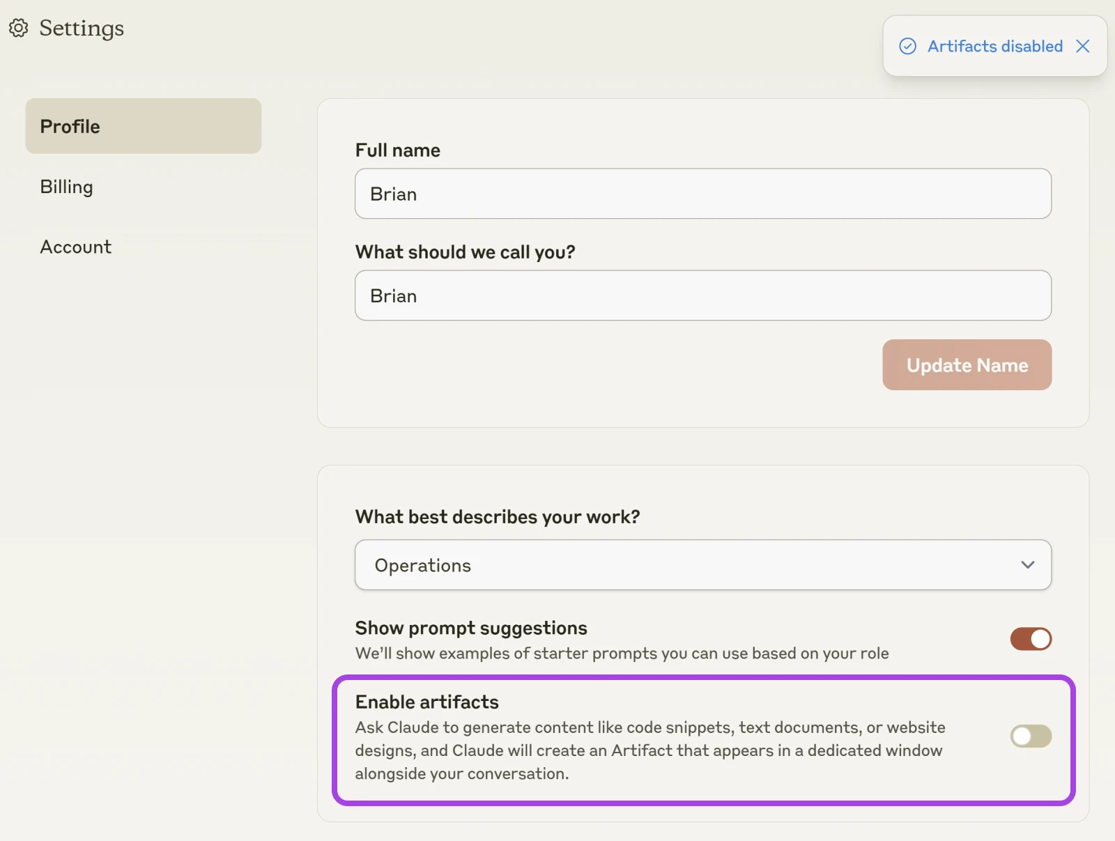 How To Get The Most Out Of Claude Ai 60 Profile Settings With Text Boxes For Full Name And What Should We Call You? Attention Box Around &Quot;Enable Artifacts&Quot; And Toggle Switch.