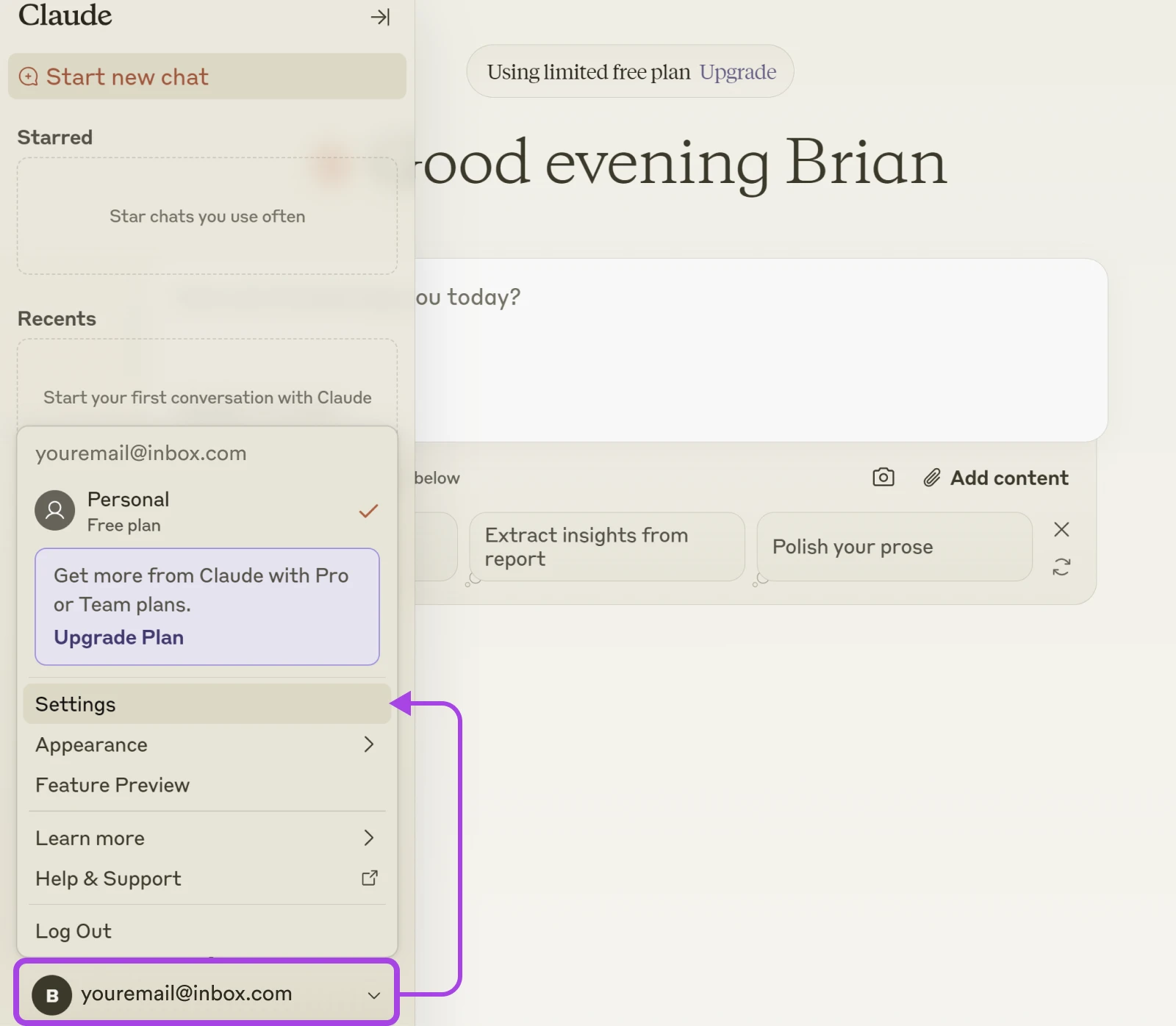 How To Get The Most Out Of Claude Ai 59 Attention To The Left-Hand Side Of The Screen Scroll Which Pulls Up A Navigation. Email Selected At The Bottom And Then Settings Selected Above That.