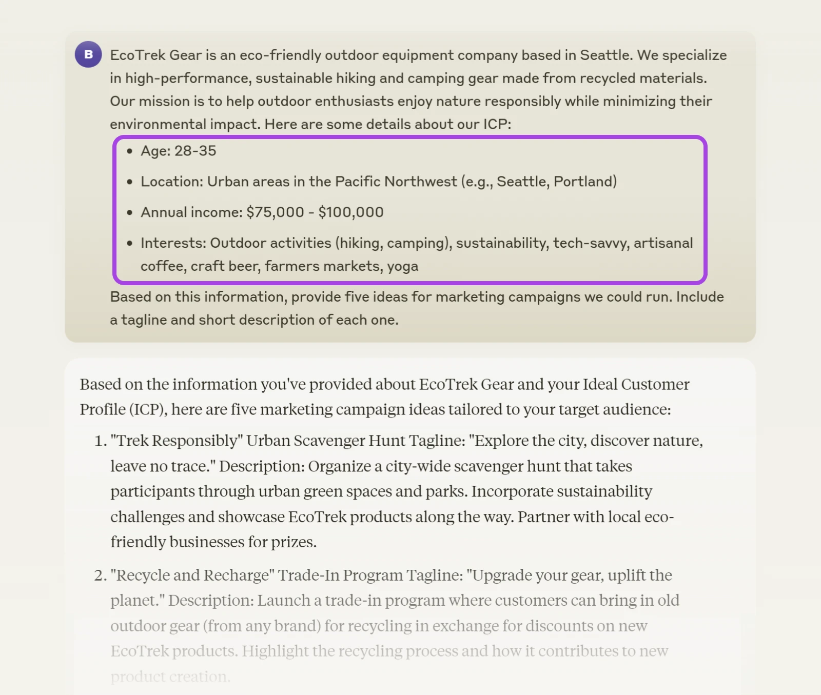 How To Get The Most Out Of Claude Ai 64 Hypothetical Company Ecotrek Gear Provides Demographics; Claude Suggestions Marketing Campaigns Such As &Quot;Trek Responsibility&Quot; A Scavenger Hunt.