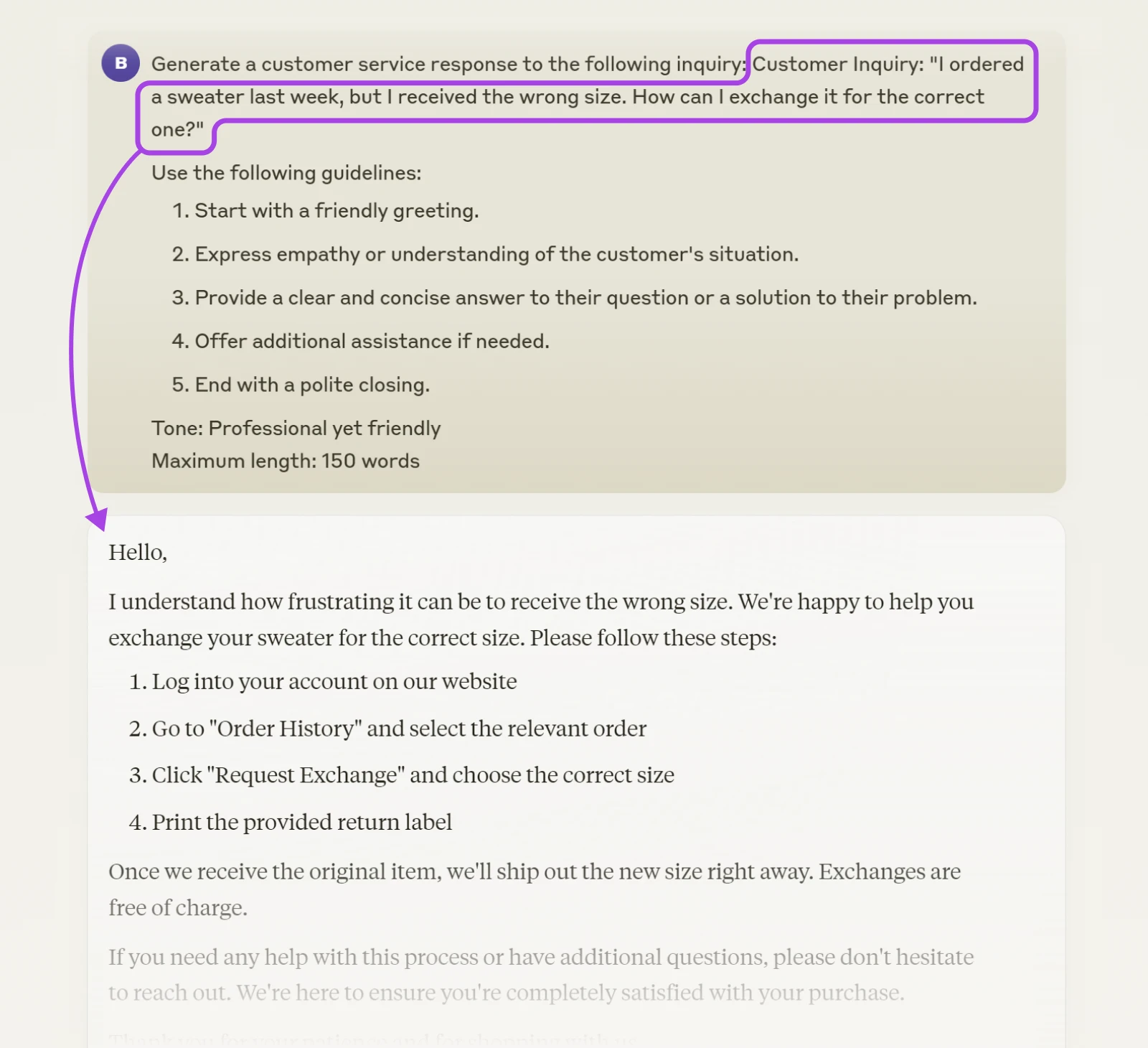 How To Get The Most Out Of Claude Ai 63 Example Using Customer Inquiry &Quot;I Ordered A Sweater Last Week, But I Received The Wrong Size. How Can I Exchange It For The Correct One?&Quot; With Output Email Response.