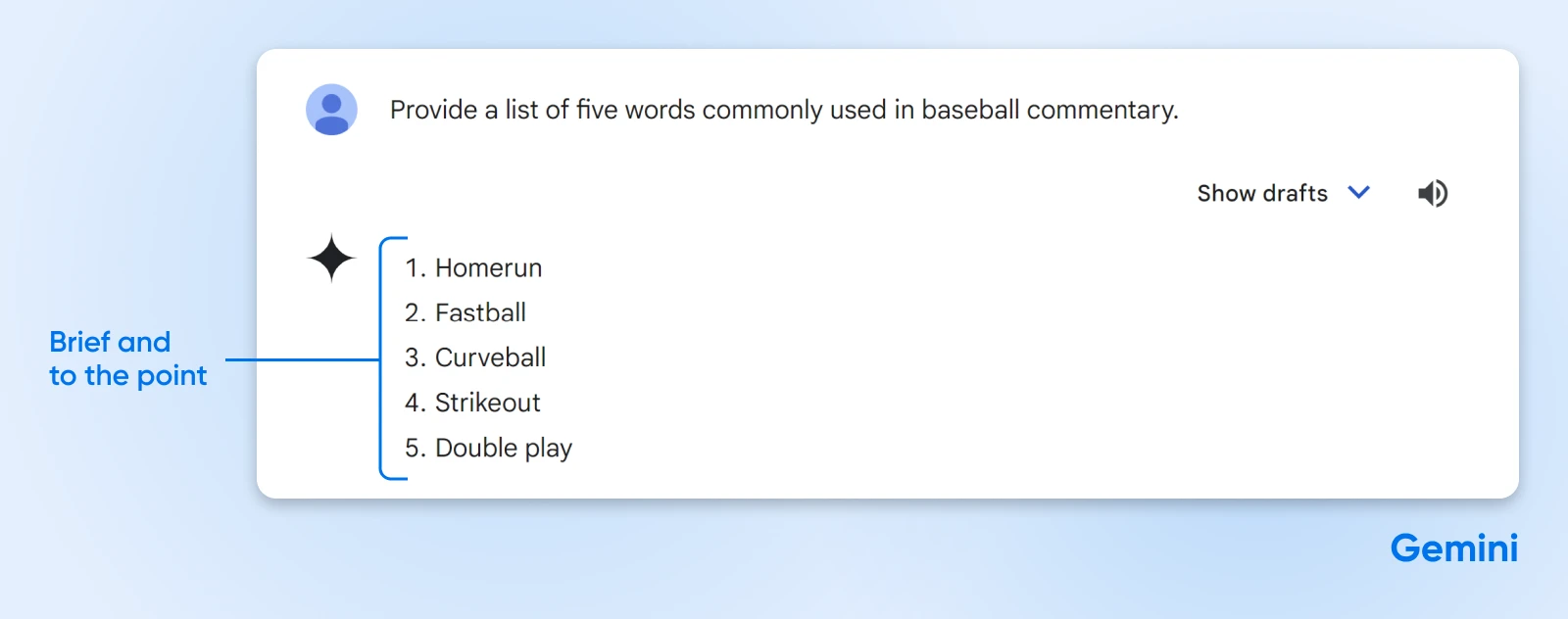 Get The Most Out Of Ai With These 12 Prompting Tips 53 Gemini Output Showing A Brief Lift Of Five Terms Including Fastball And Strikeout