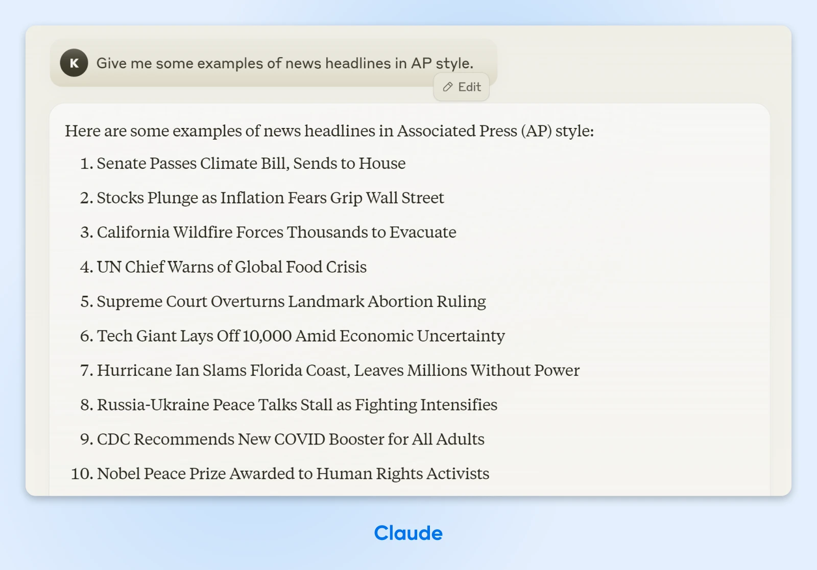 Get The Most Out Of Ai With These 12 Prompting Tips 50 Claude Output Showing A List Of Ten Hypothetical News Titles In A Numeric List