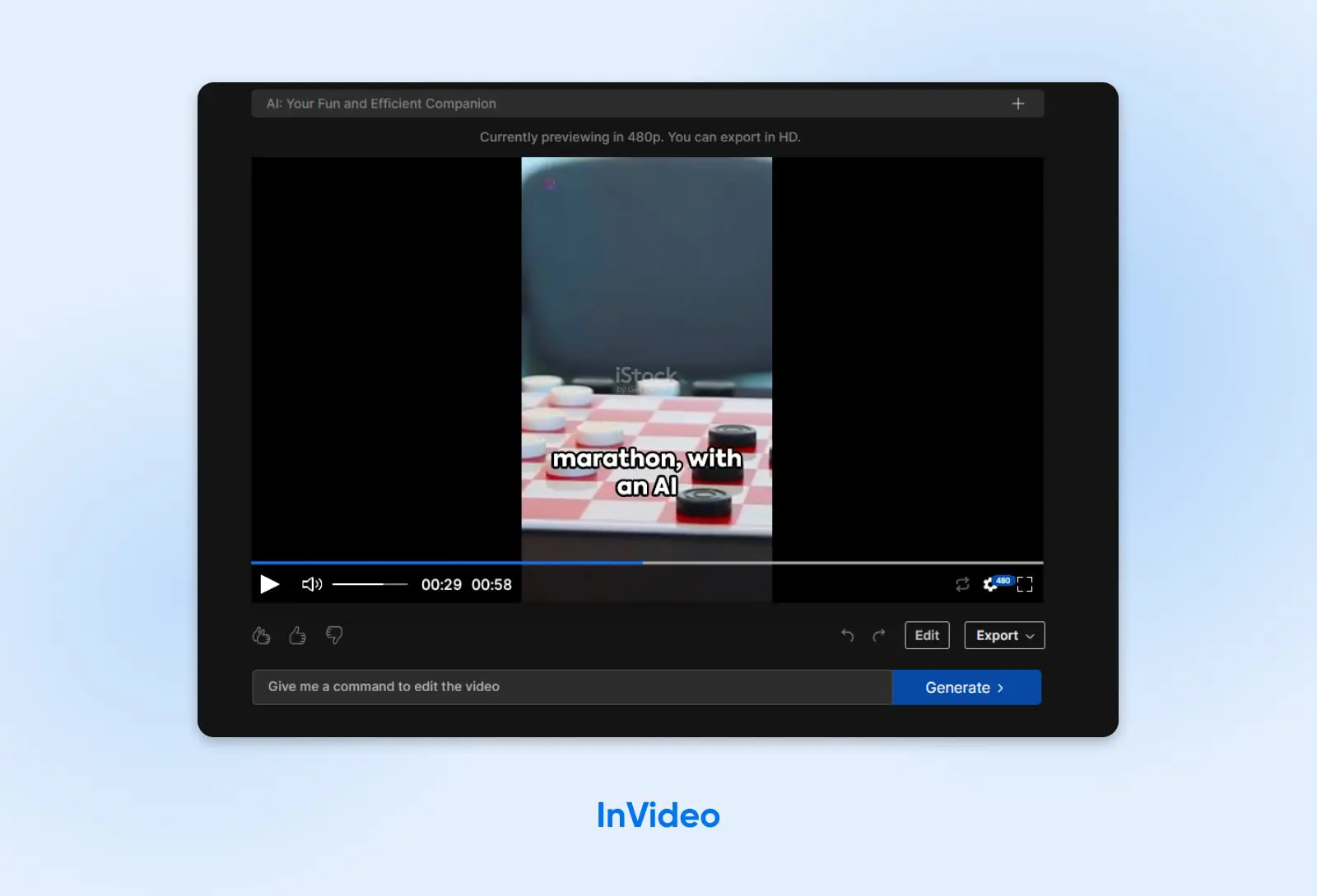 39 Ai Tools That Will Transform Your Workflow 19 Screenshot Of Invideo In Use With A Video Istock Clicp And Captions Reading &Quot;Marathon, With An Ai&Quot;