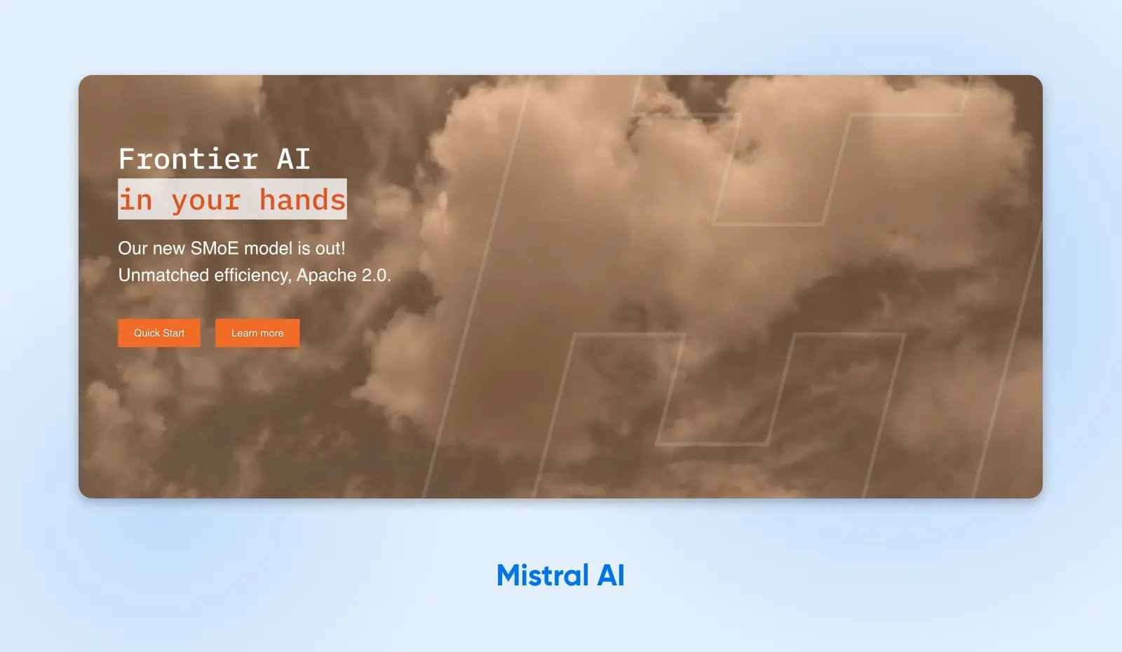 Open-Source Ai: 9 Powerful Models You Need To Try 7 Screenshot Of Frontier Ai'S Homepage With Buttons For &Quot;Quick Start&Quot; And &Quot;Learn More&Quot; On A Backdrop Of Clouds And Sky