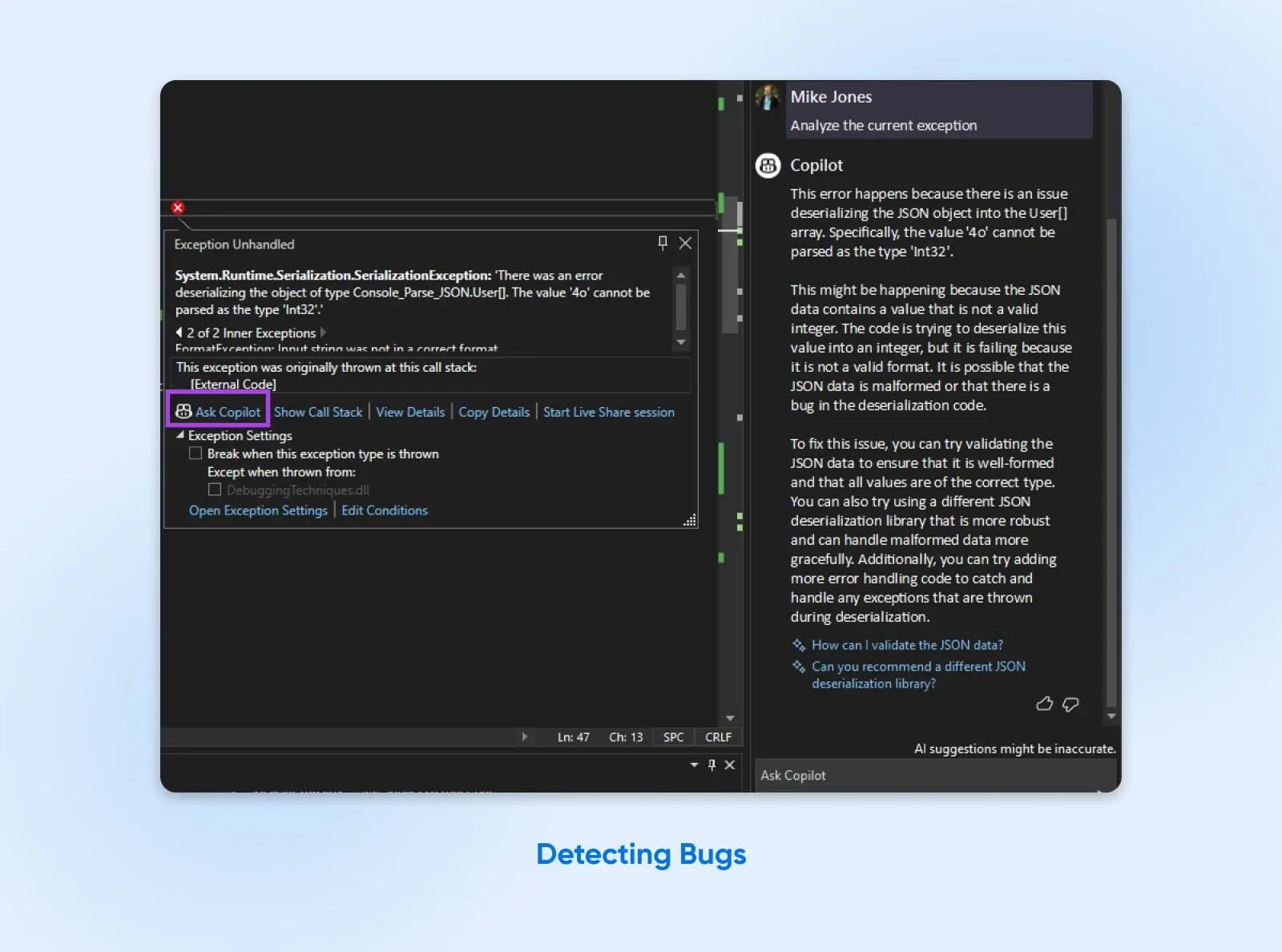 Will Ai Replace Developers? Examining The Future Of Coding 14 Screenshot Example Of A System Runtime Serialization Exception Error In The Case An Ai Tool Is Plugged In, A Text Box Is On The Right Describing Why The Error Is Occuring