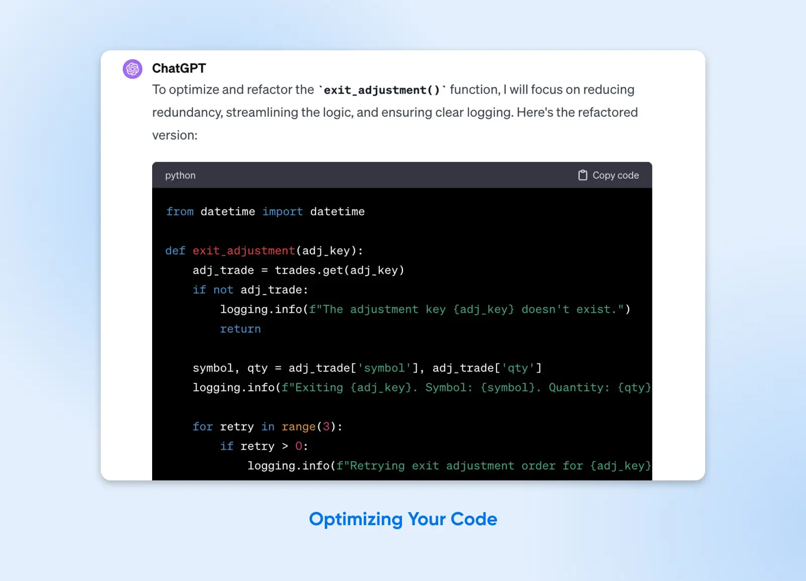 Will Ai Replace Developers? Examining The Future Of Coding 15 Screenshot Of Chatgpt Request &Quot;To Optimize And Refactor The 'Exit_Adjustment&Quot; Function And The Output In Python As A Means Of Optimizing Code