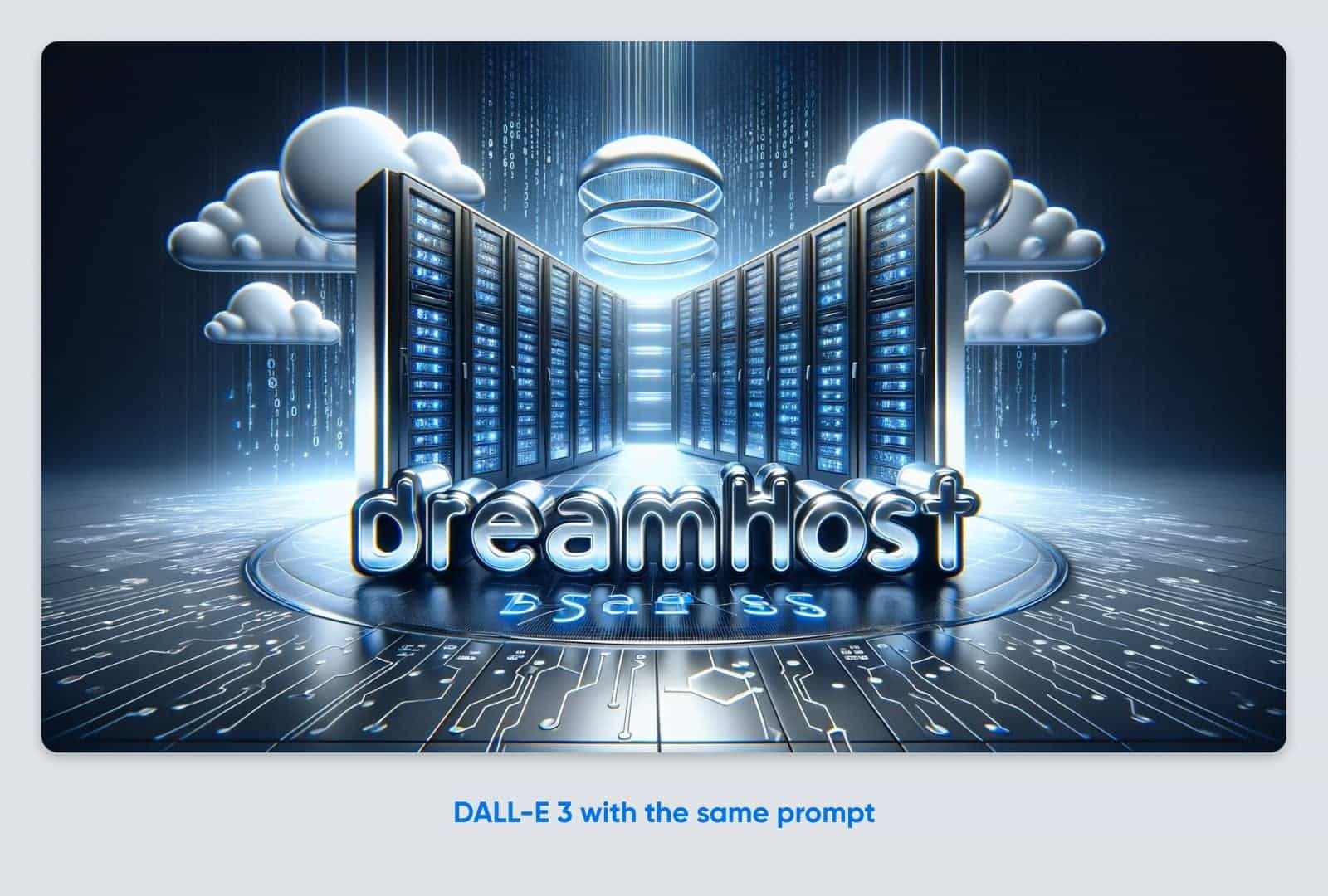 What Is Dall-E &Amp; How To Use It 37 Dall-E 3 Generated Image, A Cyber Graphic Floor Made Out Of Computer Chips, Clouds, And A Hallway Of Servers, With &Quot;Dreamhost&Quot; Before Them