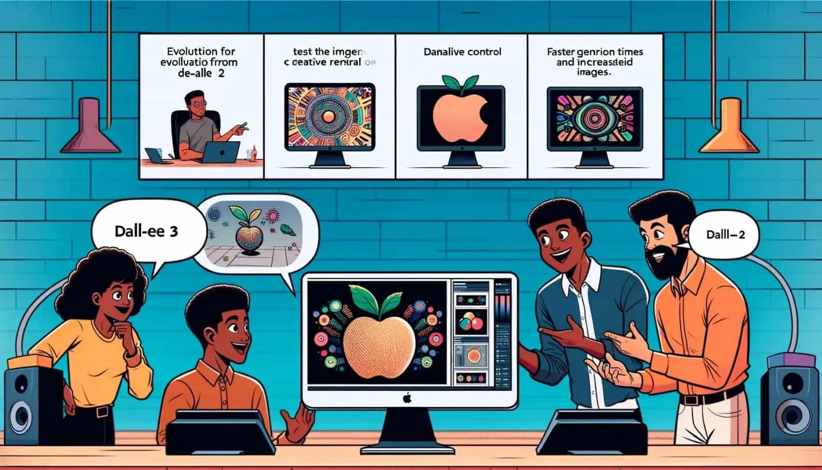 What Is Dall-E &Amp; How To Use It 34 Illustration Of Four People Behind A Desk With Computers And Stereo Speakers. One Woman Has A Word Bubble Saying &Quot;Dall-Ee 3&Quot; And A Man Has A Word Bubble Saying &Quot;Dalll-2&Quot;