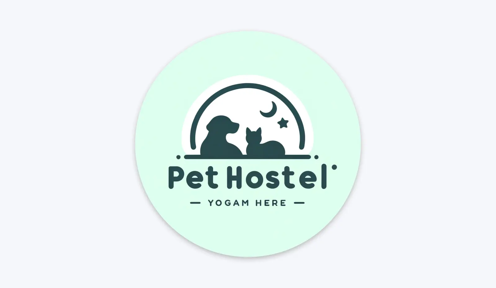 What Is Dall-E &Amp; How To Use It 33 Seafoam Colored Circle With A Silhouette Image Of A Dog Sitting With A Cat Looking At A Moon And Star With &Quot;Pet Hostel Yogam Here&Quot; Printed On It