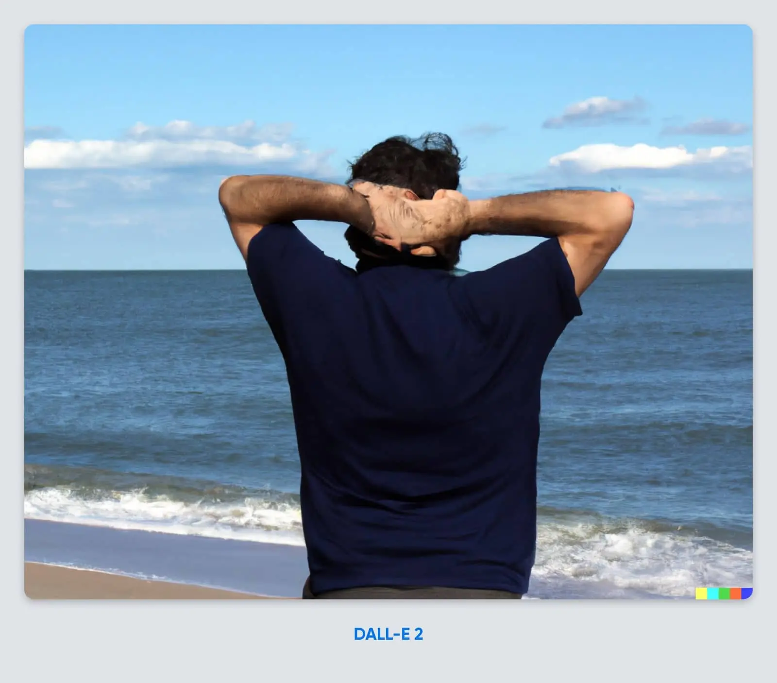 What Is Dall-E &Amp; How To Use It 38 An Image Of A Man Looking Out At The Ocean With His Arms Behind His Head But The Hands Are Blurred And Indistinguishable With No Clear Fingers