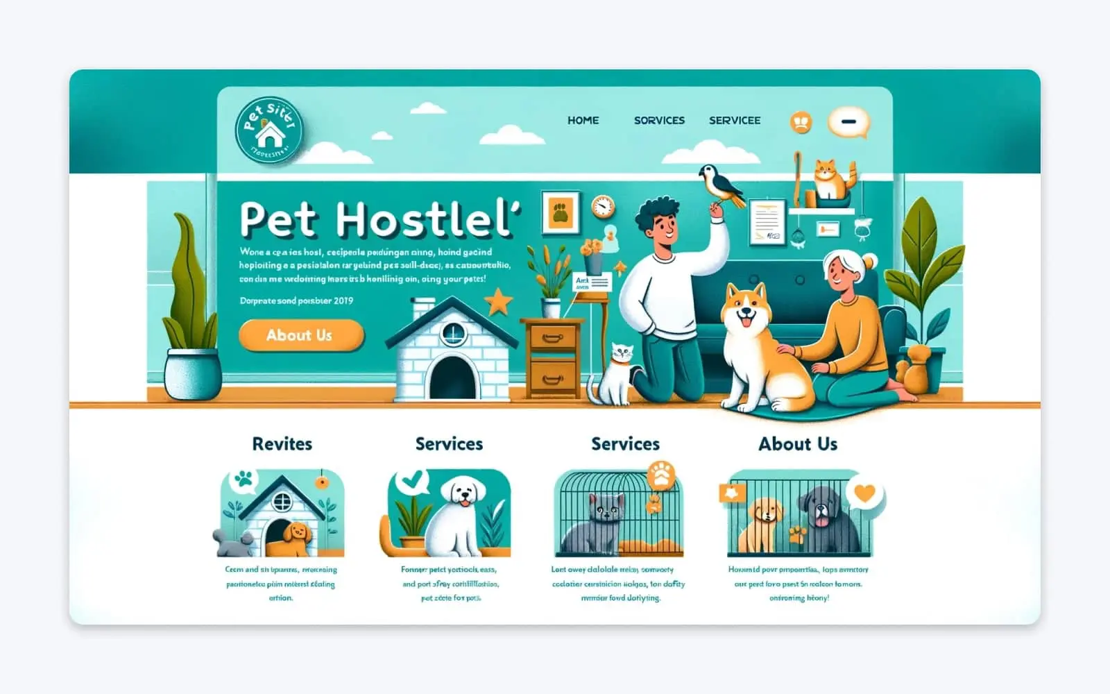 What Is Dall-E &Amp; How To Use It 32 Dall-E Generated Mock Up Of A Website Homepage Picturing An Illustration Of A Living Room With Man Holding A Bird, A Woman Petting A Dog, And A Couple Cats Titled Pet Hostelel'