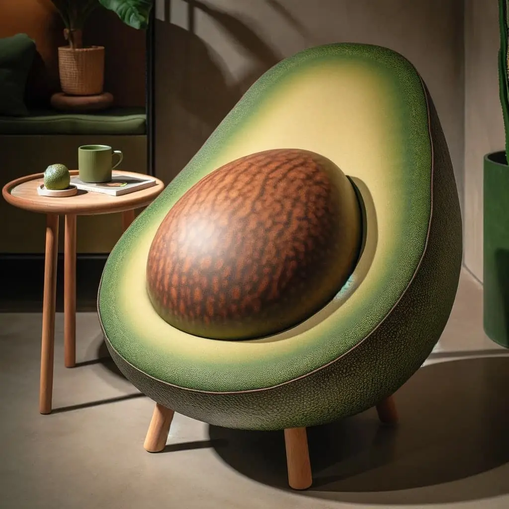 What Is Dall-E &Amp; How To Use It 46 A Chair-Like Item In The Shape Of Half An Avocado With The Pit In It On Four Chair Legs Net To A Coffee Table With A Coffe Cup And Avocado