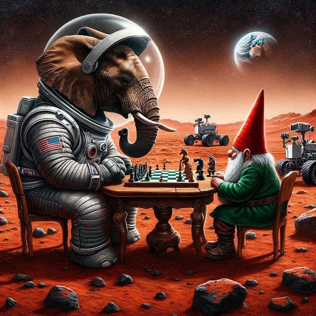 What Is Dall-E &Amp; How To Use It 51 Red And Rocky Mars Floor With Earth In The Background. An Elephant Wearing An Astronaut Costume Is Sitting In A Wooden Chair Across The Table From A Gnome Playing Chess