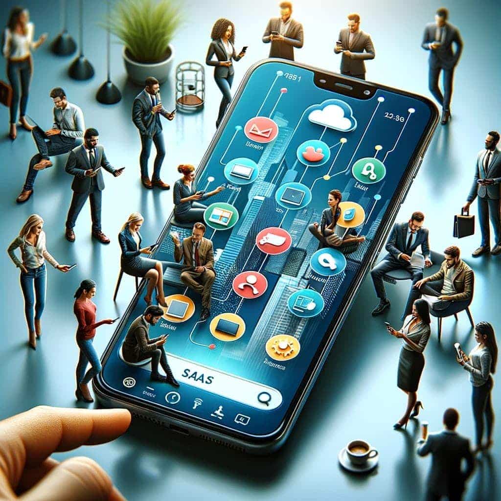 What Is Dall-E &Amp; How To Use It 54 A Hand Slightly Coming Into Frame That Is Mainly A Smart Phone With Several Apps And &Quot;Saas&Quot; In The Search Bar. There Are Around 20 Tiny People Around An On The Phone Also On Their Own Phones