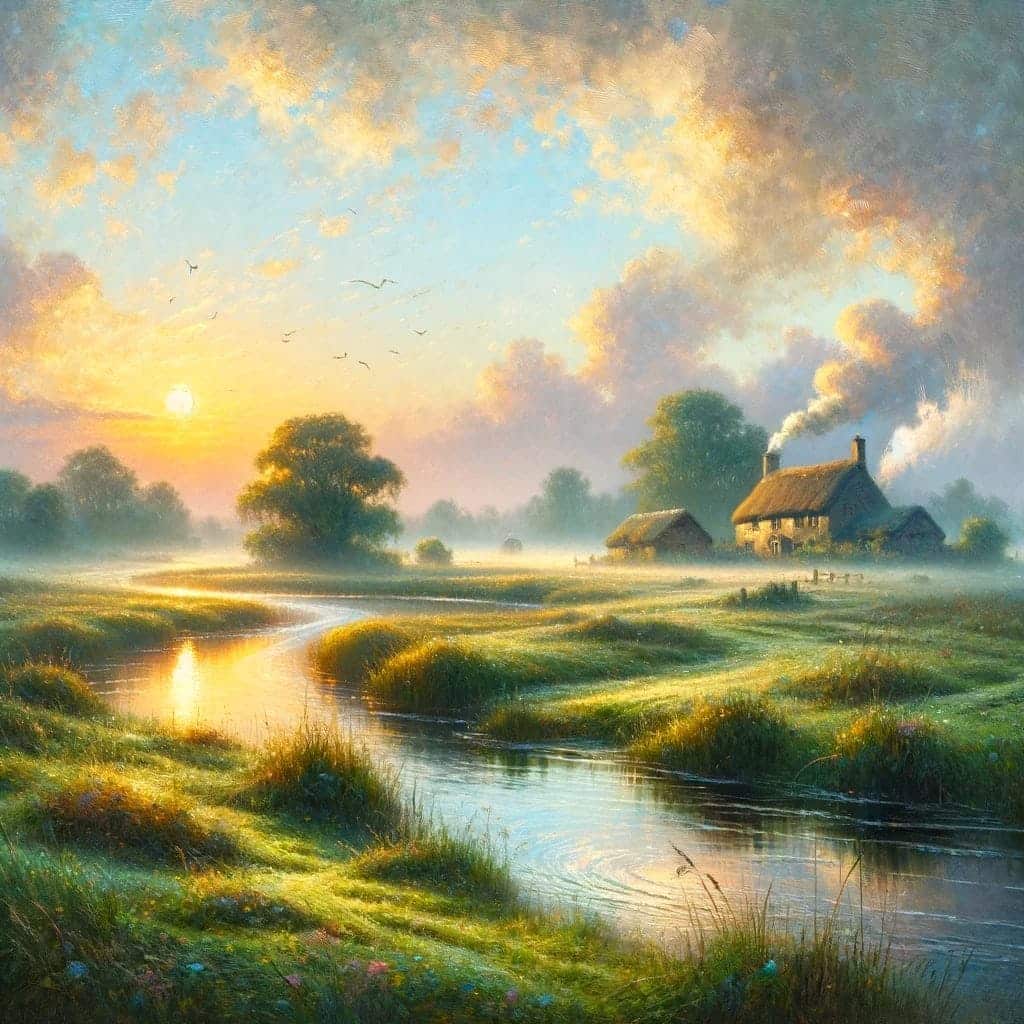 What Is Dall-E &Amp; How To Use It 50 An Impressionist Painting Of A Winding Creek And Lush Green Grasses, With A Farm House In The Background, Smoke Coming Out Of The Chimney And The Sun Setting