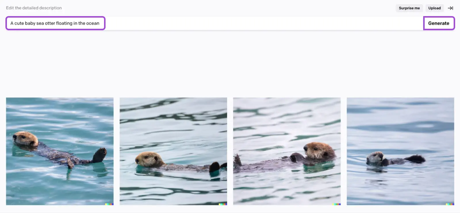 What Is Dall-E &Amp; How To Use It 40 Screenshot Of Dall-E Output Showing Four Images, Each A Slightly Different Angle Of An Otter In Water