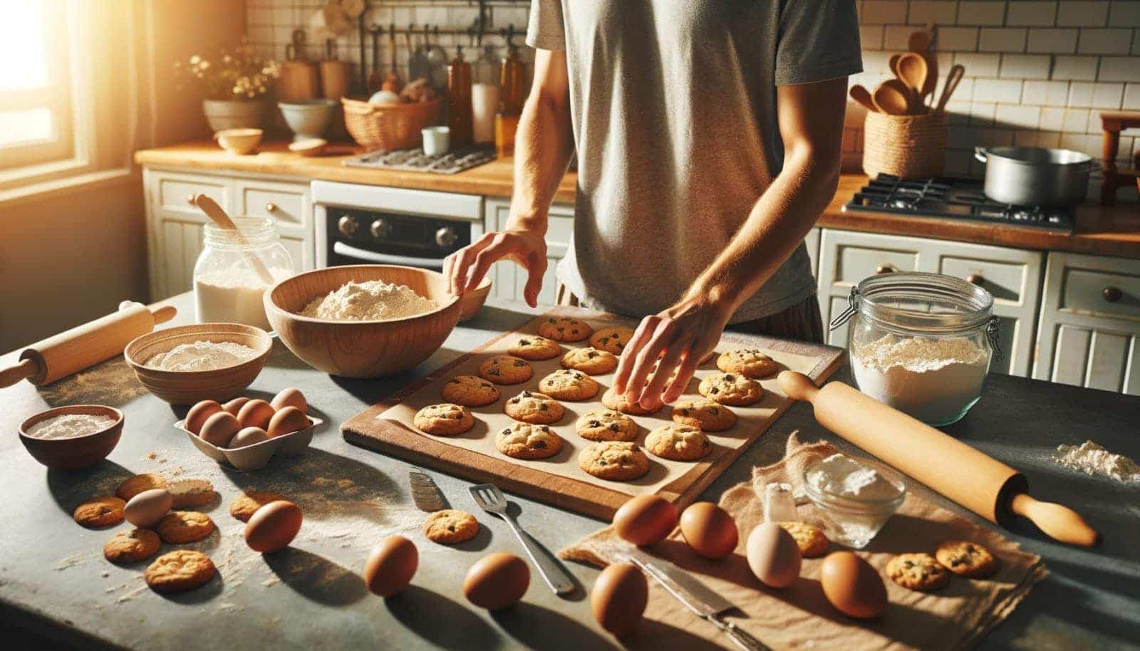 What Is Dall-E &Amp; How To Use It 53 Photographic-Like Image Of A Kitchen With An Island In The Foreground Covered With Baking Ingredients, Utensils, And Bowls, And A Chest-Down View Of A Person Touching A Cutting Board Full Of Chocolate Chip Cookies