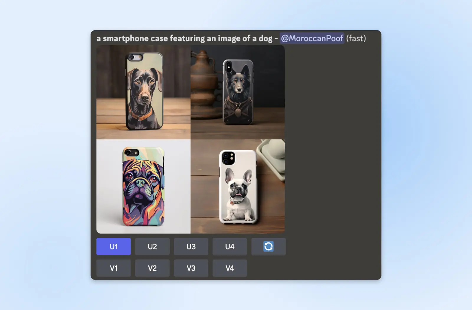 How To Use Midjourney - Dreamhost 13 Screenshot Of Four Different, Each With A Phone Case Three Have A Photograph Of A Dog And The Fourth Has A Photographic Illustration Of A Dog