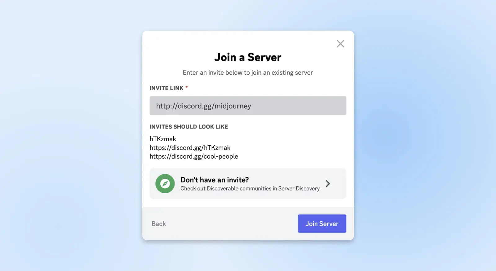How To Use Midjourney - Dreamhost 11 Screenshot Of Discord'S &Quot;Join A Server&Quot; Pop Up