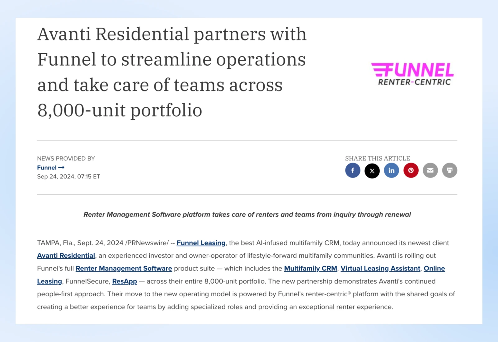 On-Page Vs. Off-Page Seo: What You Need To Know 6 Screenshot Of An Avanti Residential Partners Press Release Announcing Their Partnership With Funnel From Sept 2024