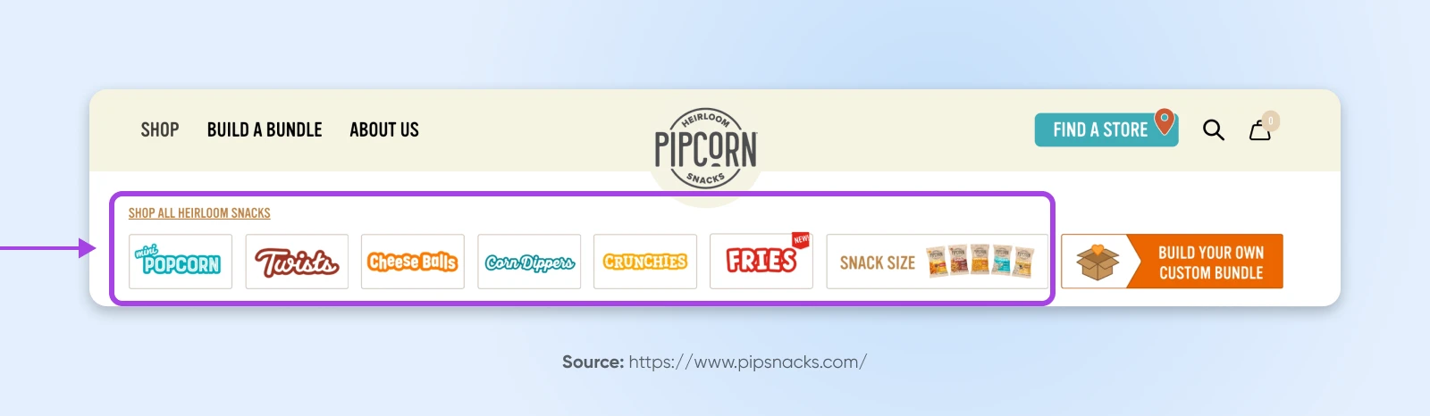 Website Navigation Menu Best Practices: 16 Design Tips 41 Pipcorn Product Menu Just Beneath A Simple Header Nav With Brands Categorized And Stylized In Branding Logos Like &Quot;Mini Popcorn, Twists, Cheese Balls&Quot; And More.
