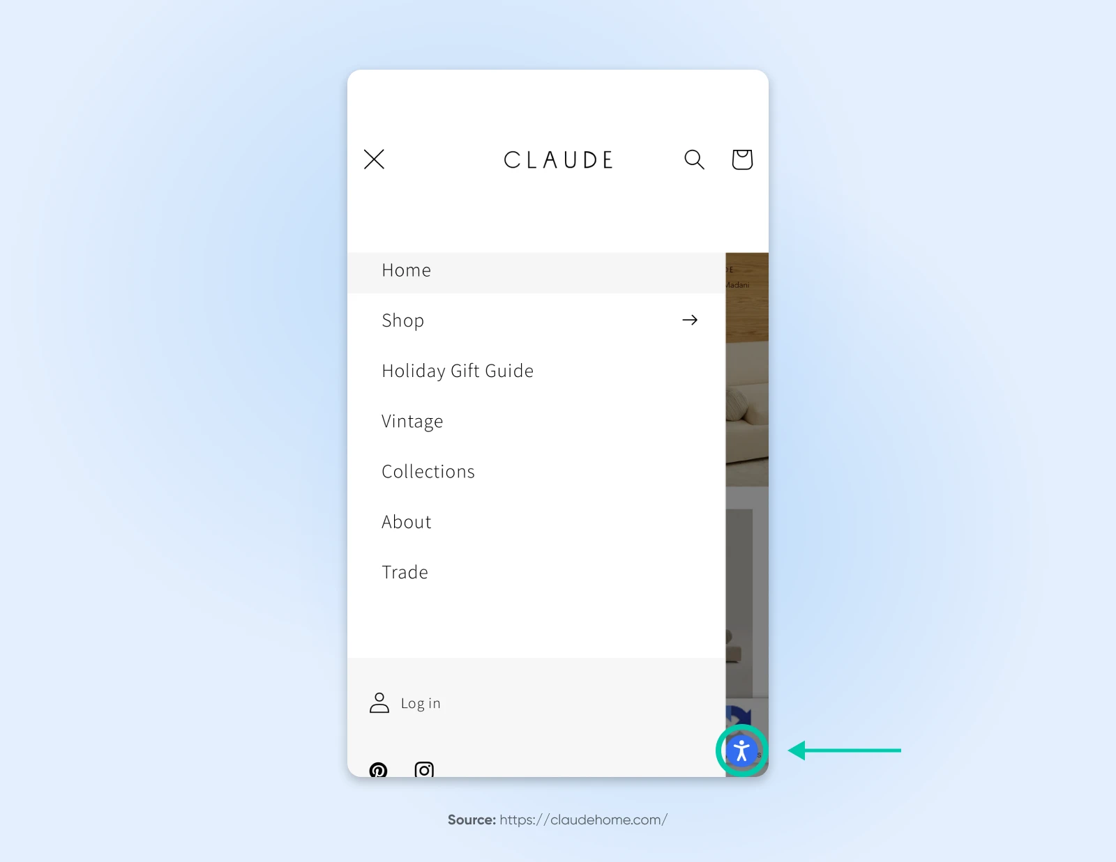 Website Navigation Menu Best Practices: 16 Design Tips 49 Claude Home'S Menu Drop-Down With Several Options Like &Quot;Shop&Quot; And &Quot;Vintage&Quot; Bringing Special Attention To The Blue Circle With A While Person Icon Indicating Accessibe.