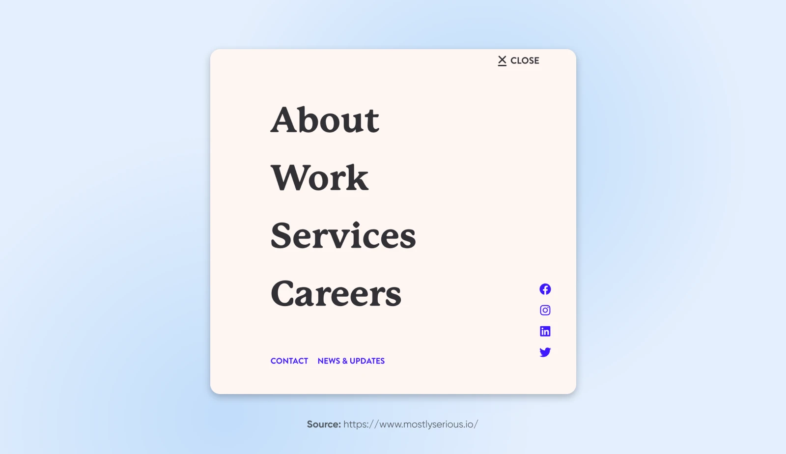 Website Navigation Menu Best Practices: 16 Design Tips 48 Close Up Of The Drop-Down With Menu Options: About, Work, Services, And Careers. In Smaller Letters At The Bottom: Contact And News &Amp; Updates. Sm Icons To The Right.