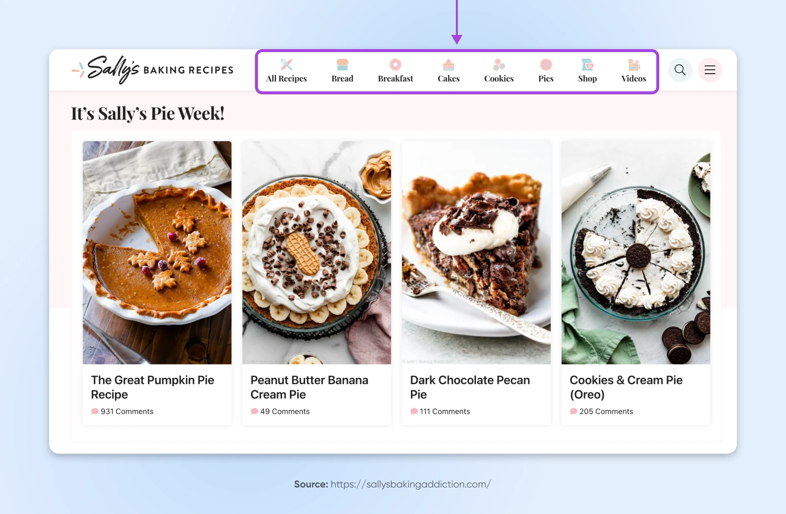 Website Navigation Menu Best Practices: 16 Design Tips 44 Sally'S Baking Recipes Menu Categorized Types With Pastel/Fluffy Iconography Like &Quot;Bread, Breakfast, Cakes, Cookies, Pies, Shop, And Videos&Quot;