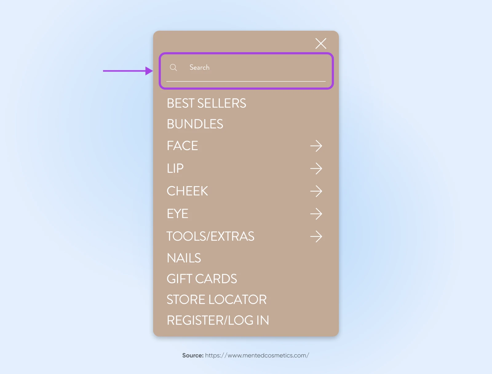 Website Navigation Menu Best Practices: 16 Design Tips 52 Brown Nav Menu With &Quot;Search&Quot; Option At The Top And Other Menu Options Like &Quot;Best Sellers, Bundles, Face, Lip, Cheek&Quot; And More Underneath