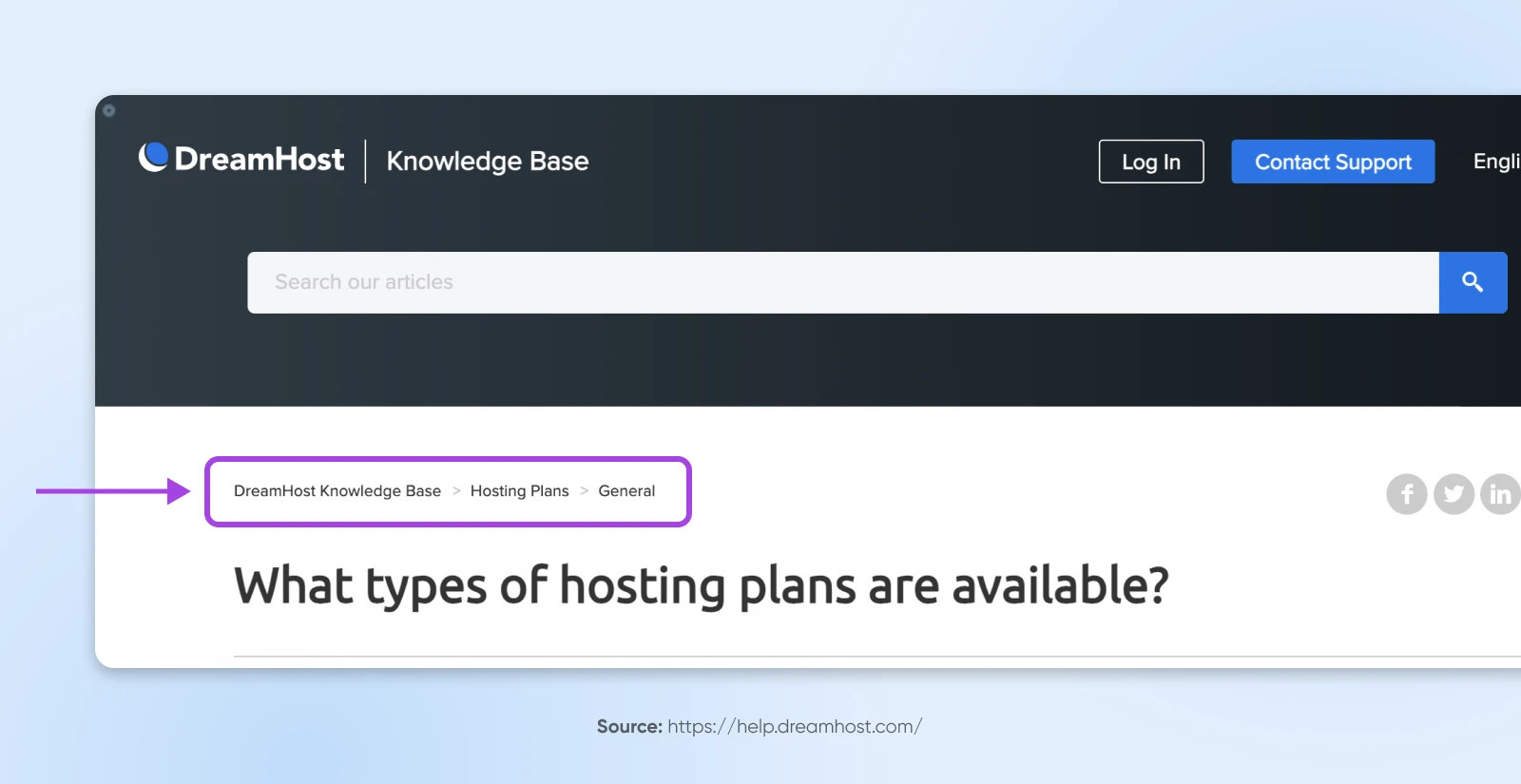 Website Navigation Menu Best Practices: 16 Design Tips 46 Dreamhost Menu Right At The Top Of The Knowledge Base Displaying A Breadcrumb Menu Showing How We Got Here. In This Case Dreamhost Knowledge Base ≫ Hosting Plans ≫ General