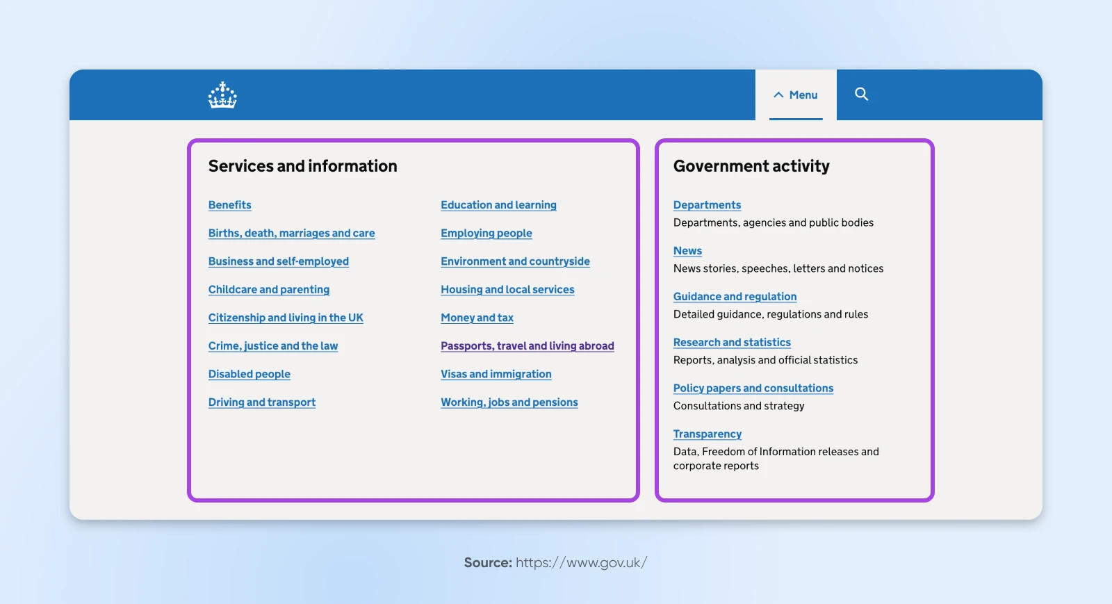 Website Navigation Menu Best Practices: 16 Design Tips 42 Gov.uk Header Menu Simple Stating &Quot;Menu&Quot; Clicked To Show The Drop-Down With Several Links Under &Quot;Services And Information&Quot; And &Quot;Government Activity&Quot;